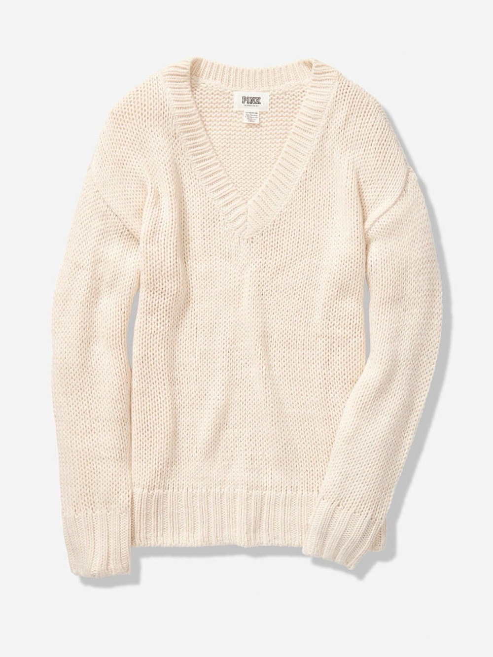 PINK Victoria's Secret Cream V-Neck Chunky Knit Sweater boyfriend fit XS